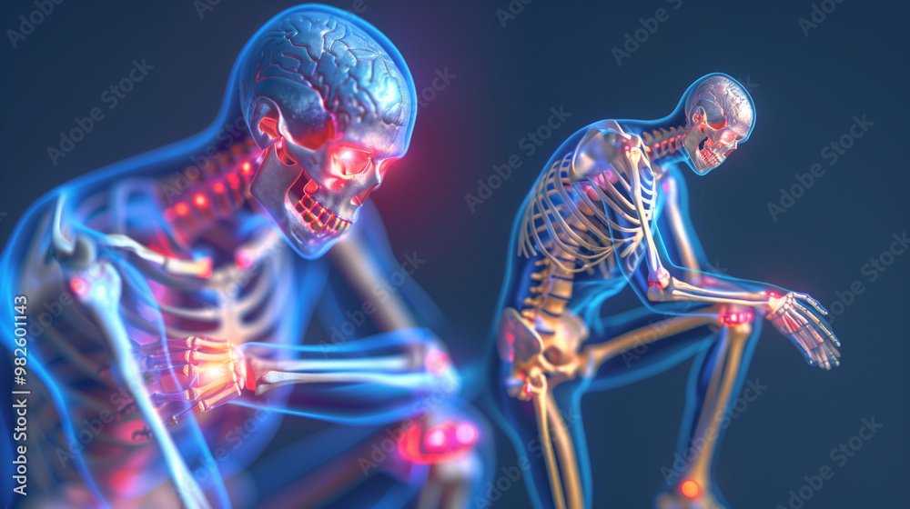 Anatomy of skeleton with spine and neck highlighted on a blue background. 3D illustration. Anatomy of skeleton with spine and neck highlighted on a blue background. 3D illustration.