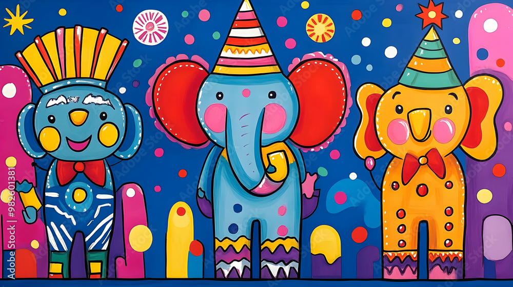Playful and colorful cartoon elephants celebrate with party hats in a whimsical setting filled with vibrant patterns. Playful and colorful cartoon elephants celebrate with party hats in a whimsical setting filled with vibrant patterns.