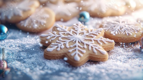 Deliciously decorated snowflake cookies resting on a snowy surface, perfect for holiday gatherings and festive celebrations.