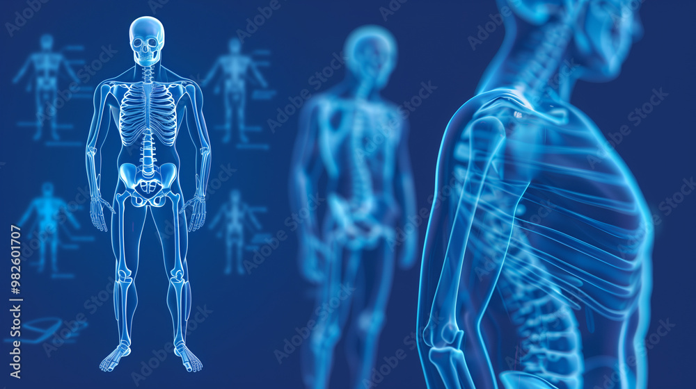 Anatomy of skeleton highlighted on a blue background. 3D illustration.