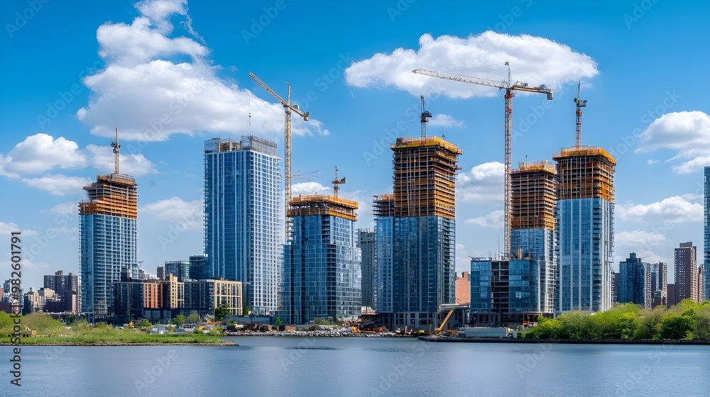 Obraz premium Booming Cityscape with Towering Skyscrapers and Cranes in Development