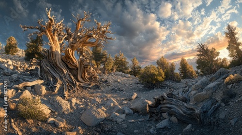 Breathtaking Ancient Bristlecone Pine Forest at Wheeler Peak captured with Nikon. Natural light shines on iconic trees. National Geographic style photography in high resolution.
 photo