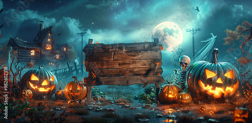 Halloween-themed background with a wooden empty sign board, skull, and scary pumpkin faces in a graveyard. Halloween concept banner design for advertising, social media post template, with copy space.