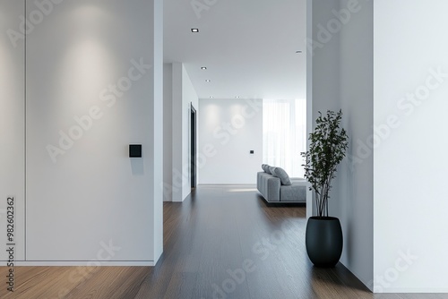 A modern home corridor in front of a living room features a white wall with generative ai