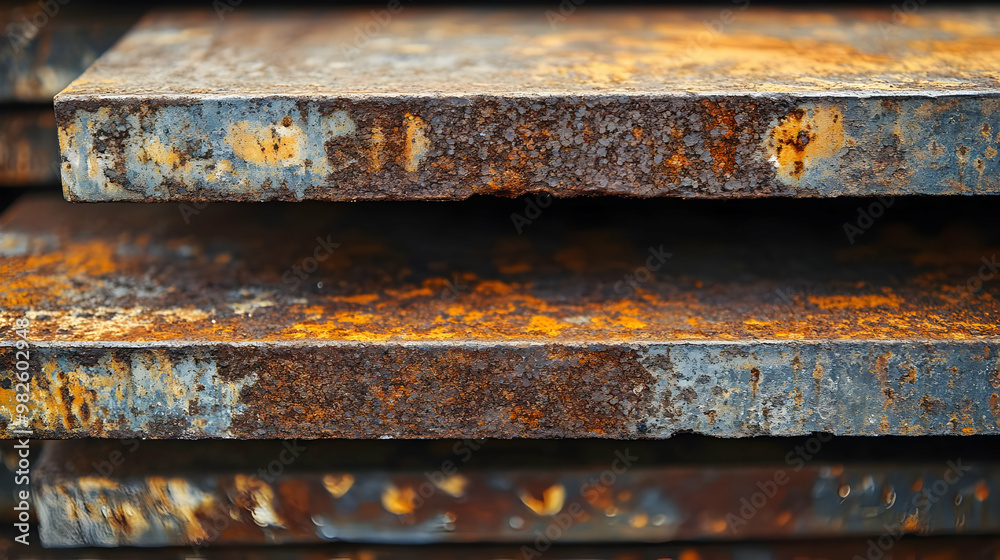 Close-up of layered rusted metal sheets showcasing texture, color variations, and natural corrosion patterns. Perfect for industrial themes. Close-up of layered rusted metal sheets showcasing texture, color variations, and natural corrosion patterns. Perfect for industrial themes.