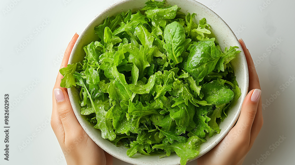 Fresh green arugula salad in bowl on white background, top view Fresh green arugula salad in bowl on white background, top view