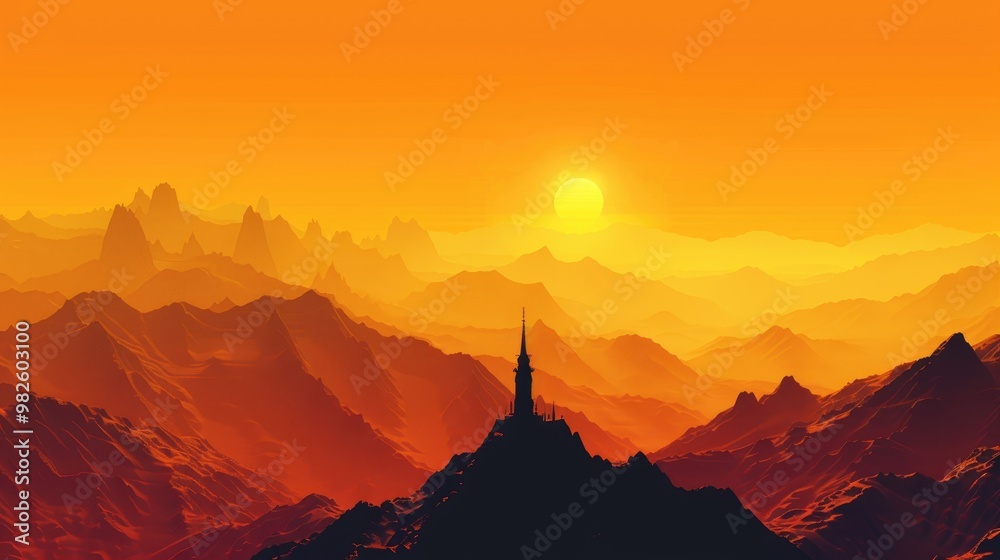 Silhouette Of Some Mountains And A Tower With Orange Sky Silhouette Of Some Mountains And A Tower With Orange Sky