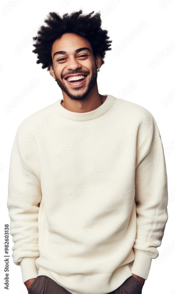 PNG A happy mixed race african american man wear cream sweater laughing smile individuality. PNG A happy mixed race african american man wear cream sweater laughing smile individuality.
