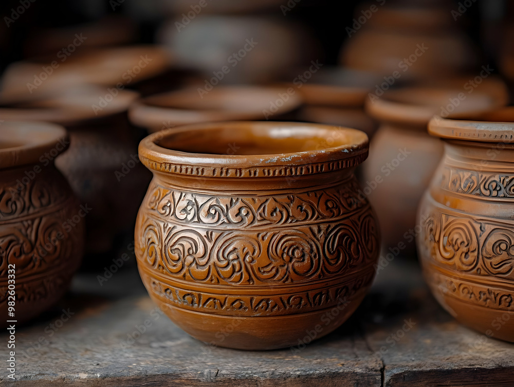 Artisan clay pot with intricate designs, showcasing traditional pottery craftsmanship in a rustic setting. Artisan clay pot with intricate designs, showcasing traditional pottery craftsmanship in a rustic setting.