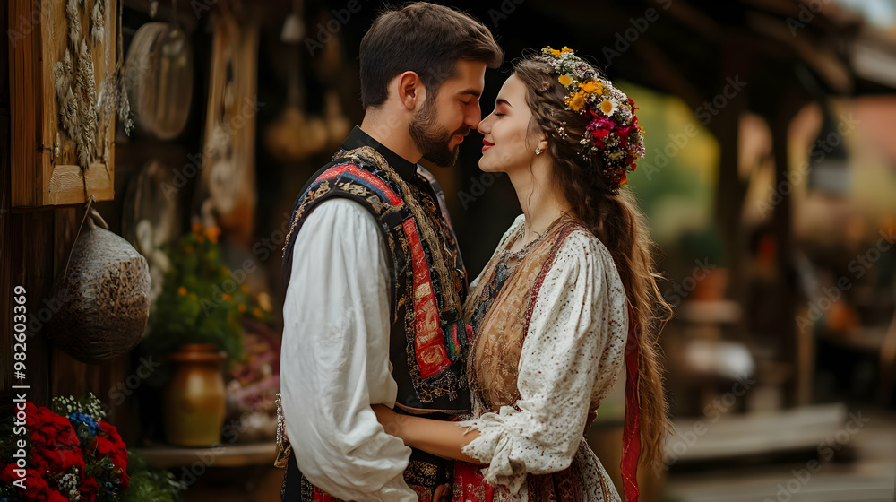 Obraz premium A romantic couple in traditional attire share a tender moment, showcasing love and culture amid a charming outdoor setting.