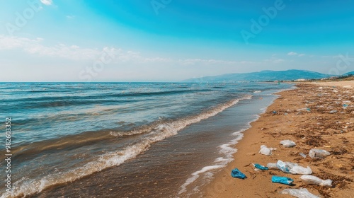 A beach with plastic pollution and rising tide lines. The clear sky and open beach areas create a powerful space for text addressing global warming.