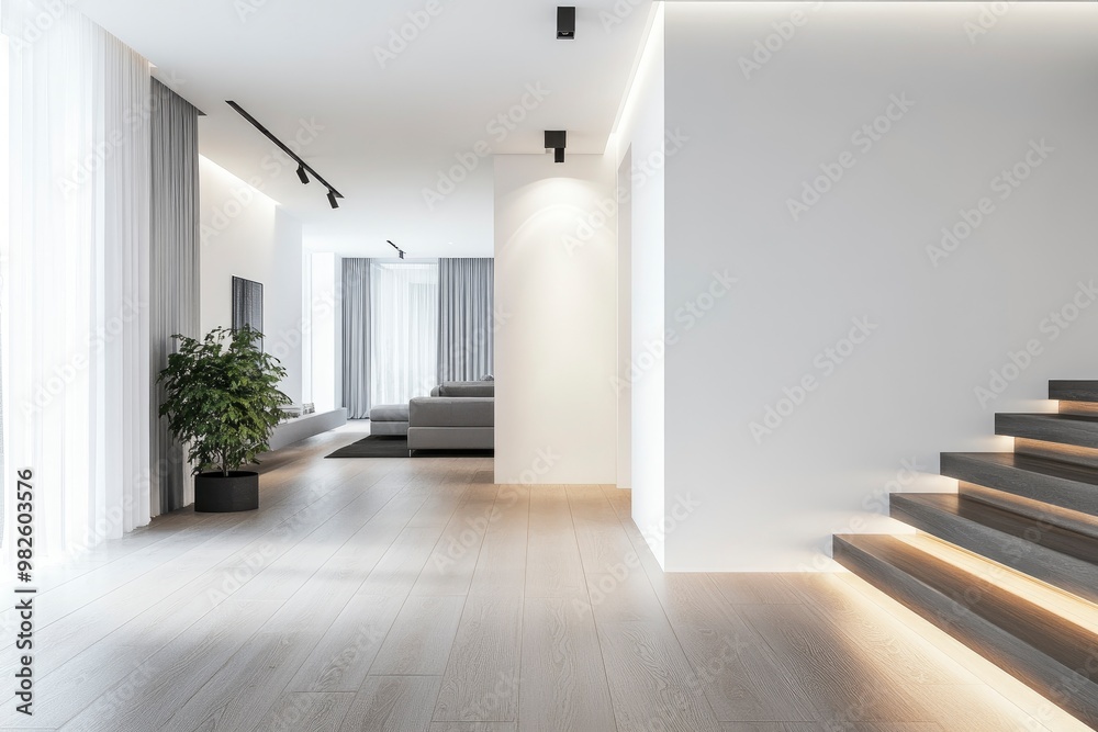 Fototapeta premium A modern home corridor in front of a living room features a white wall with generative ai
