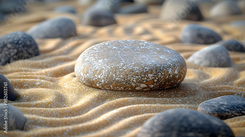 Smooth stone resting on sandy surface, surrounded by smaller pebbles, creating a serene and natural landscape. photo