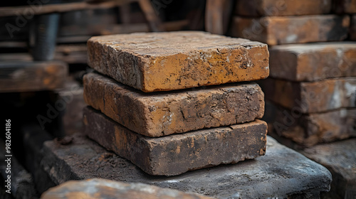 Stack of aged bricks, showcasing texture and color variations, ideal for construction, architecture, and vintage design projects.