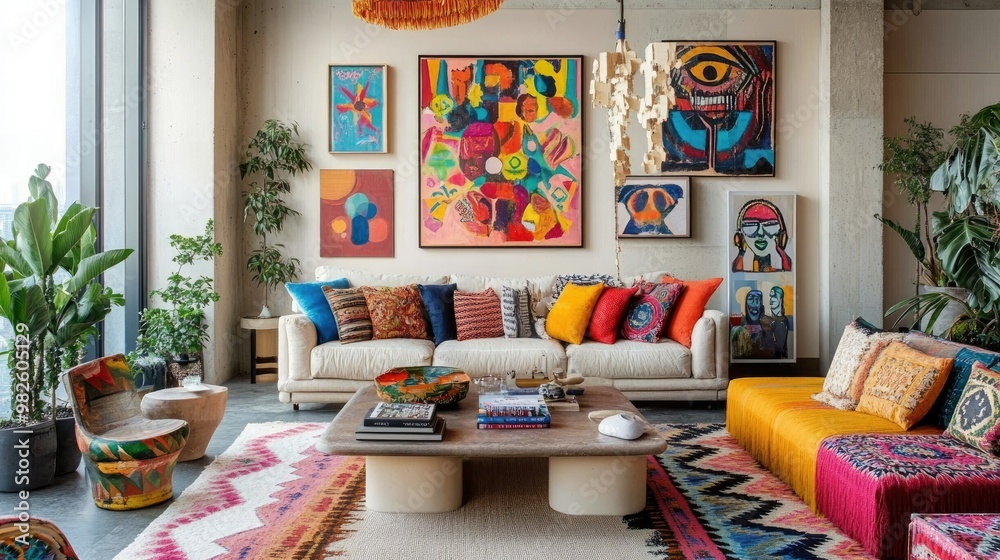 A bright living room with colorful decor, featuring bold artwork on the walls, vibrant cushions on the sofa, and a mix of patterns and textures that express personality.