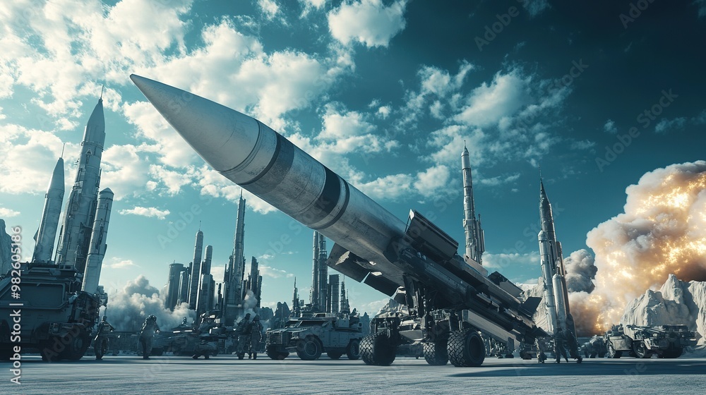 A high-tech rocket missile weapon being prepared for launch in a military setting A high-tech rocket missile weapon being prepared for launch in a military setting