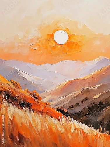 Vibrant Sunset Over Rolling Hills and Mountains