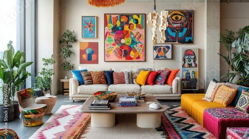 Obraz na płótnie A bright living room with colorful decor, featuring bold artwork on the walls, vibrant cushions on the sofa, and a mix of patterns and textures that express personality. w salonie