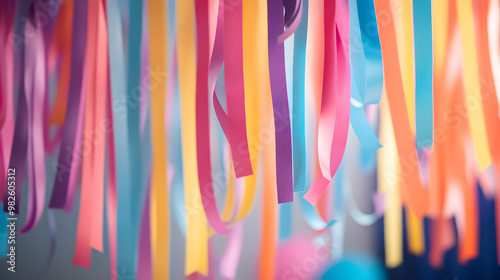 Streamers hanging from the ceiling at a party.