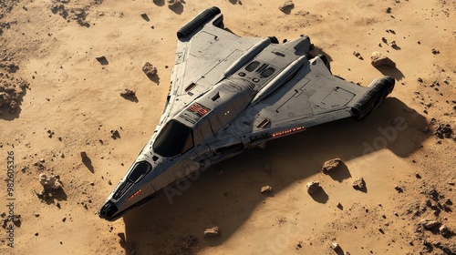 Futuristic spaceship resting on a barren landscape, showcasing advanced design and technology on an alien planet. photo