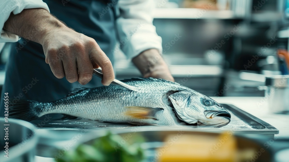 A chef preparing sea bass in a modern kitchen with a clean, uncluttered background. The open space around the fish provides ample text area.
