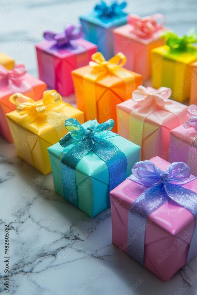Obraz premium A row of rainbow-hued gift boxes with bows, perfectly aligned on a marble surface.
