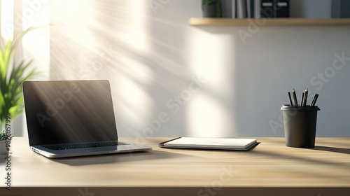 A clean and modern work desk with a laptop, notebook, and coffee cup. The large empty space on the desk surface offers ample room for text.