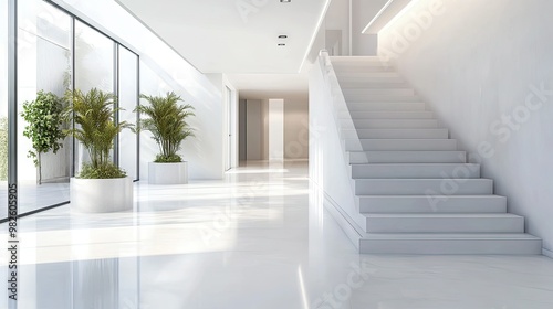 A clean, white hallway in a modern home with plenty of open wall space for copy. Bright natural light streams through large windows.