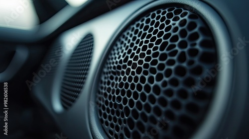 A close-up of a car speaker with a honeycomb grille design. The surrounding empty space in the car's door panel allows for text placement.