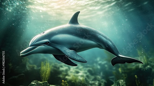 A close-up of a dolphin's streamlined body with a blurred underwater background. The open space around the dolphin allows for clear text placement.