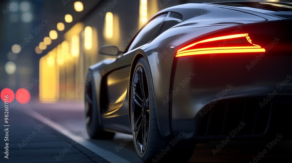Sleek black sports car parked at night, showcasing modern design and powerful features under city lights. Sleek black sports car parked at night, showcasing modern design and powerful features under city lights.