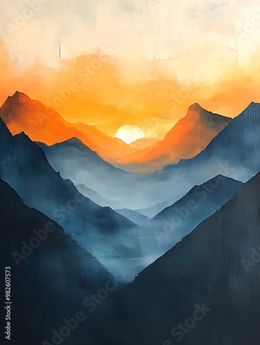 Majestic Sunset Over Mountain Range Landscape