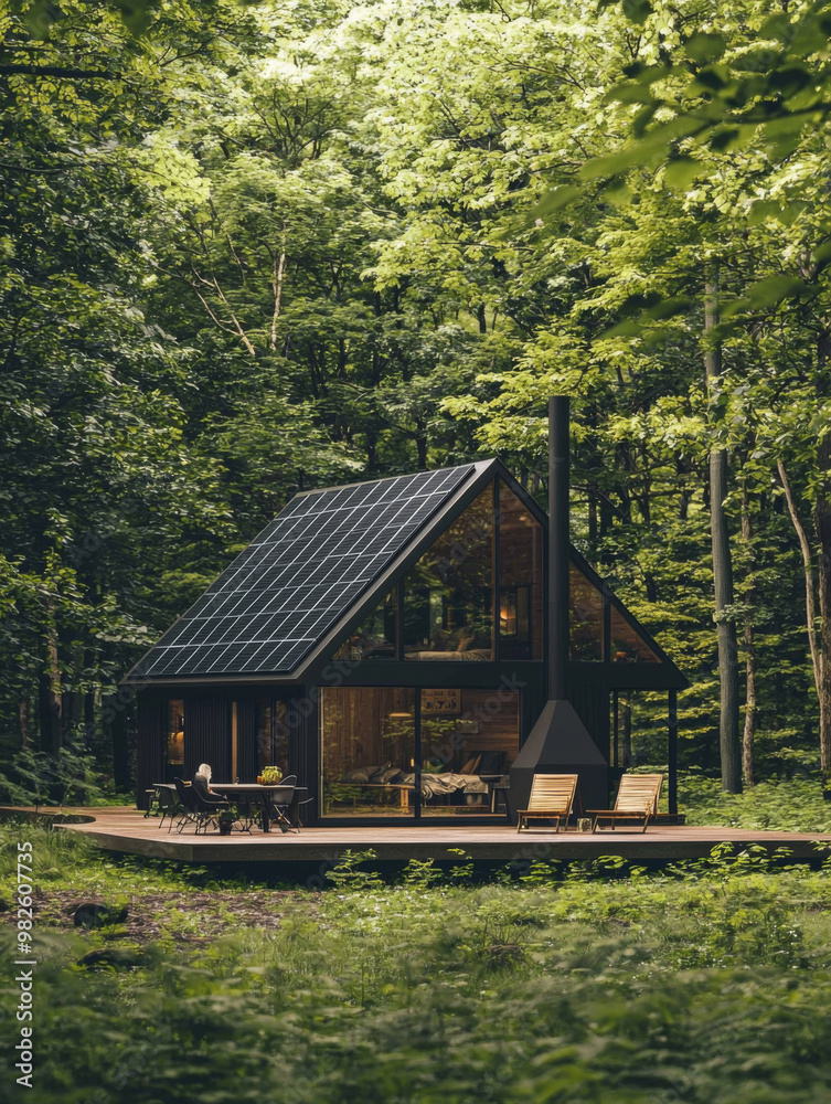 A small house with a black roof and a chimney sits in a forest. The house is surrounded by trees and has a wooden deck. The deck has a few chairs and a dining table A small house with a black roof and a chimney sits in a forest. The house is surrounded by trees and has a wooden deck. The deck has a few chairs and a dining table