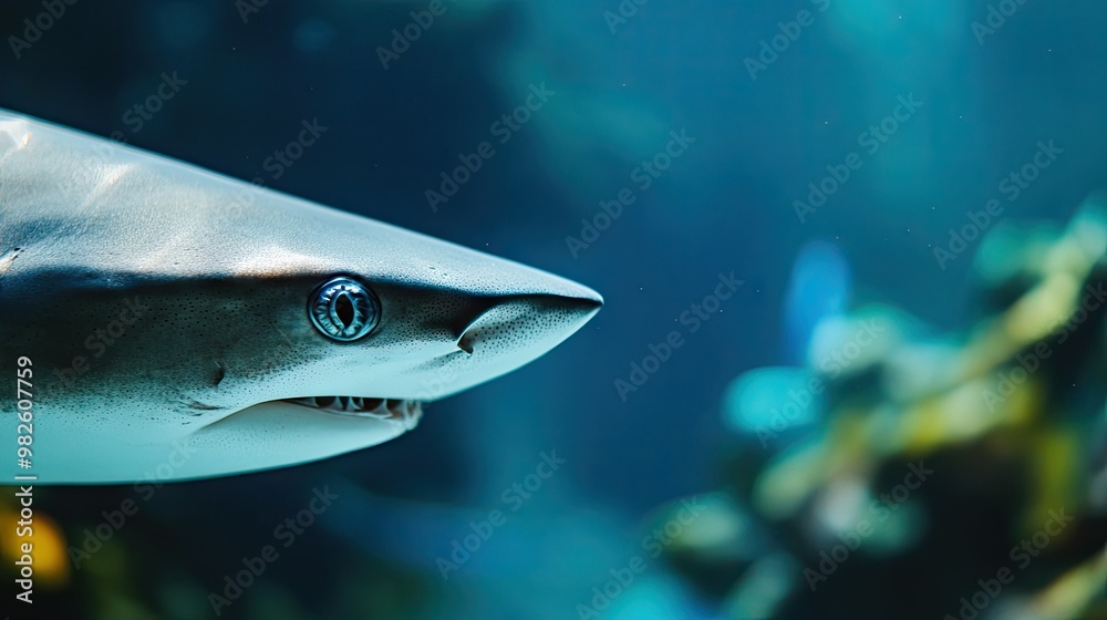 A close-up of a shark's eye with a blurred underwater background. The open space around the shark provides a perfect area for copy. A close-up of a shark's eye with a blurred underwater background. The open space around the shark provides a perfect area for copy.