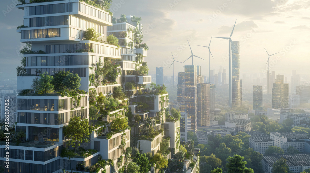 Obraz premium A cityscape with a large building that has a green roof. The city is surrounded by trees and the sky is cloudy