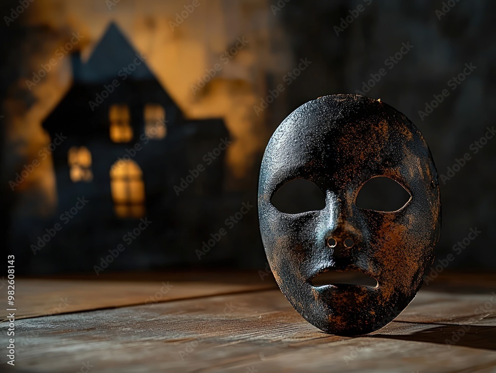 A mysterious, worn mask in focus, set against a shadowy haunted house backdrop, creating an eerie atmosphere. A mysterious, worn mask in focus, set against a shadowy haunted house backdrop, creating an eerie atmosphere.