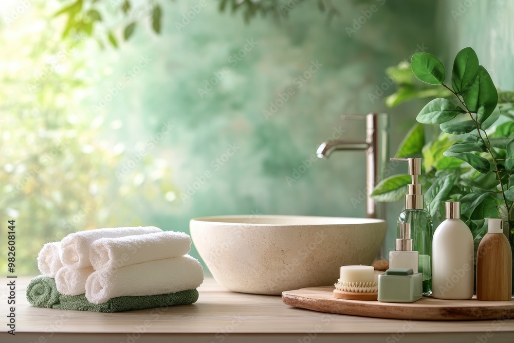 A tabletop with bath accessories and a blurred background of a modern green bathroom with generative ai A tabletop with bath accessories and a blurred background of a modern green bathroom with generative ai