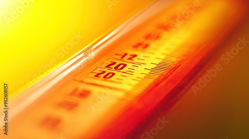 A close-up of a thermometer showing extremely high temperatures. The empty background around the thermometer offers space for text on global warming.