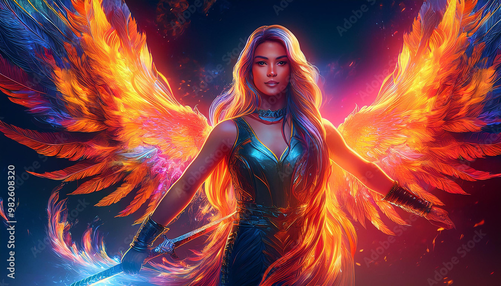 Phoenix bird with long fire tail with big wings preparing to fly with long blond hair Phoenix bird with long fire tail with big wings preparing to fly with long blond hair