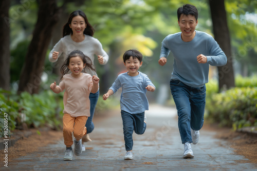 Asian Family Running Outsid...
