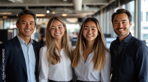 Collaborative Diversity Showcased in Office Setting: Five Individuals United by Smiles, Embracing Cultural Differences. Highlighting Cultural Diversity and Team collaboration concept. 