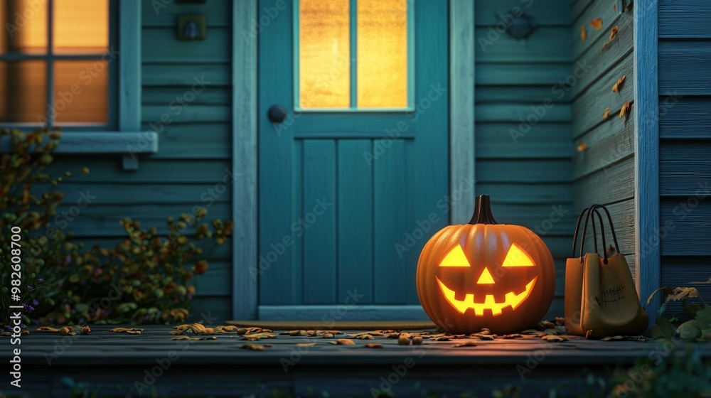 Obraz premium A carved pumpkin glows warmly on a porch, with a charming blue door and autumn leaves, capturing the cozy essence of Halloween.
