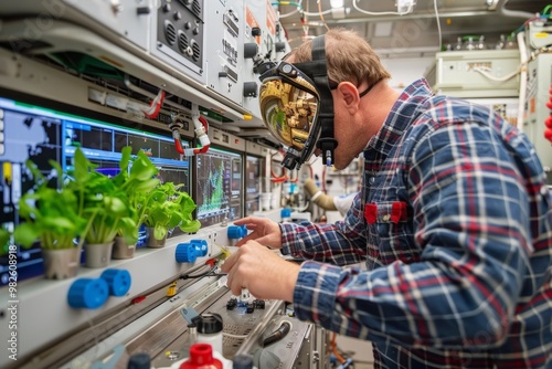 Scientist wearing advanced headgear in space lab, conducting plant growth experiments. High-tech environment signifies efforts in agriculture sustainability within space exploration missions