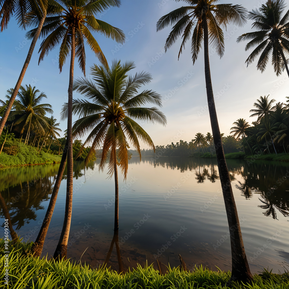 Obraz premium coconut trees in the morning at the lake