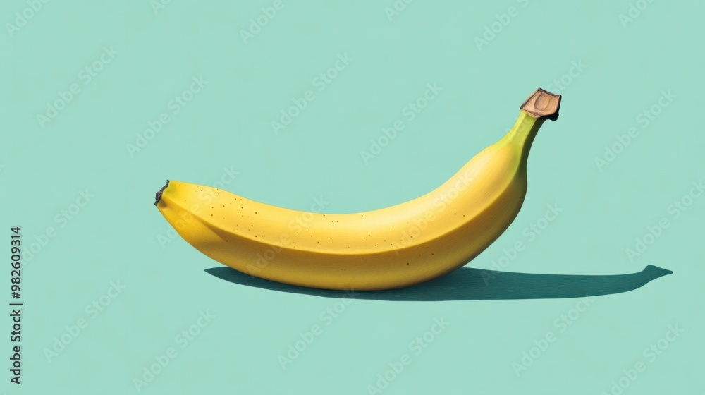 A ripe banana lying flat on a pastel green background. A ripe banana lying flat on a pastel green background.