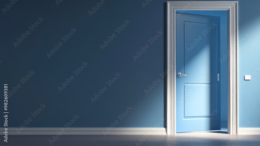 A bright blue door partially open, casting light into an empty room with blue walls, inviting a feeling of openness and possibility. A bright blue door partially open, casting light into an empty room with blue walls, inviting a feeling of openness and possibility.