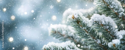 A serene winter scene with snow-covered pine branches, gently falling snowflakes, and a soft blur of winter ambiance.