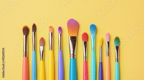 A set of colorful paintbrushes on a pastel yellow background.