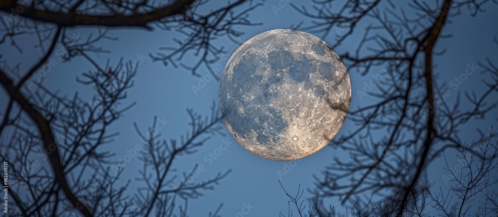 Naklejka premium A Waxing Gibbous Moon Against A Dusk Sky Surrounded By Tree Branches In The Foreground