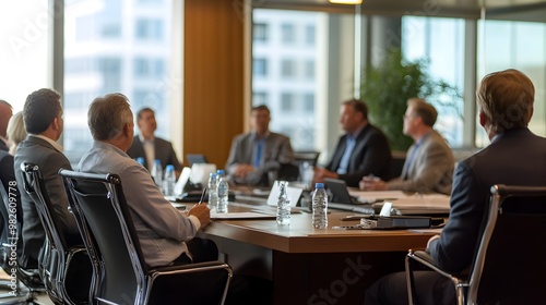 Business executives in a modern office conference room discussing corporate strategy